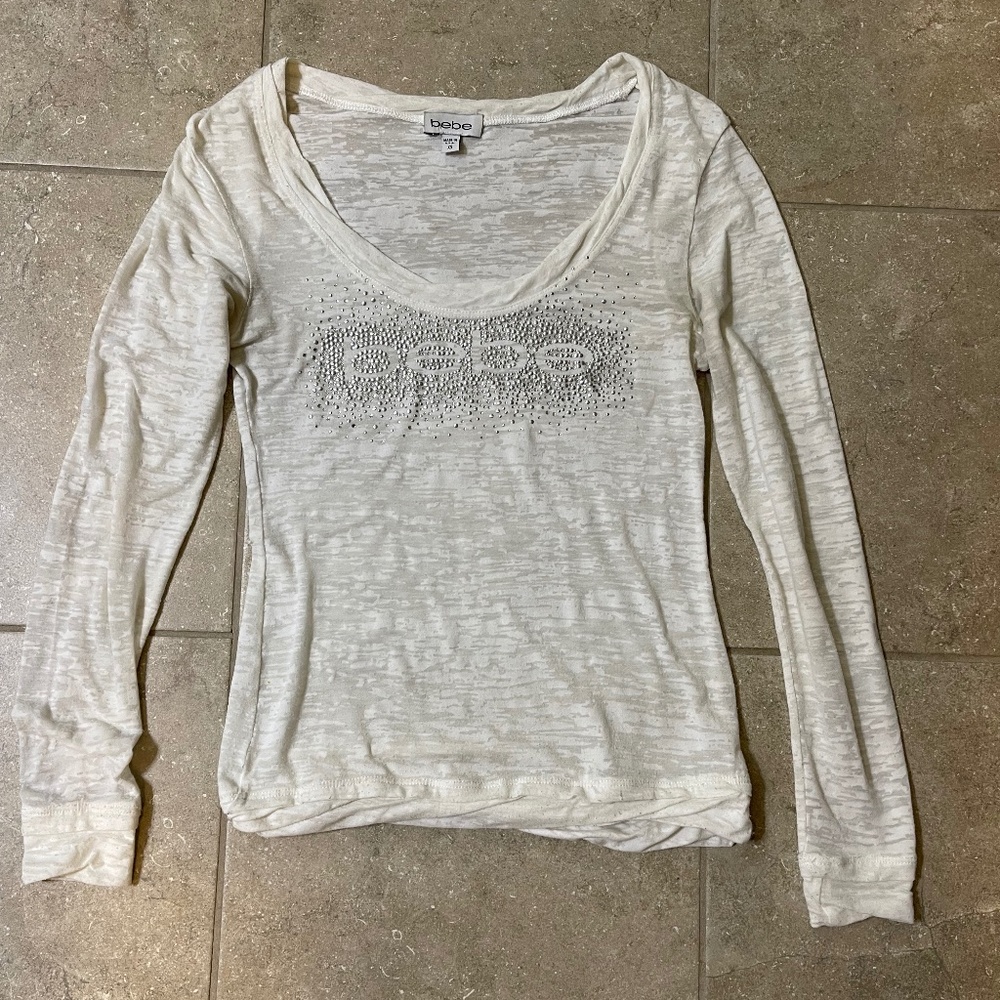 Bebe White Silver BEBE Rhinestone Long Sleeve top !